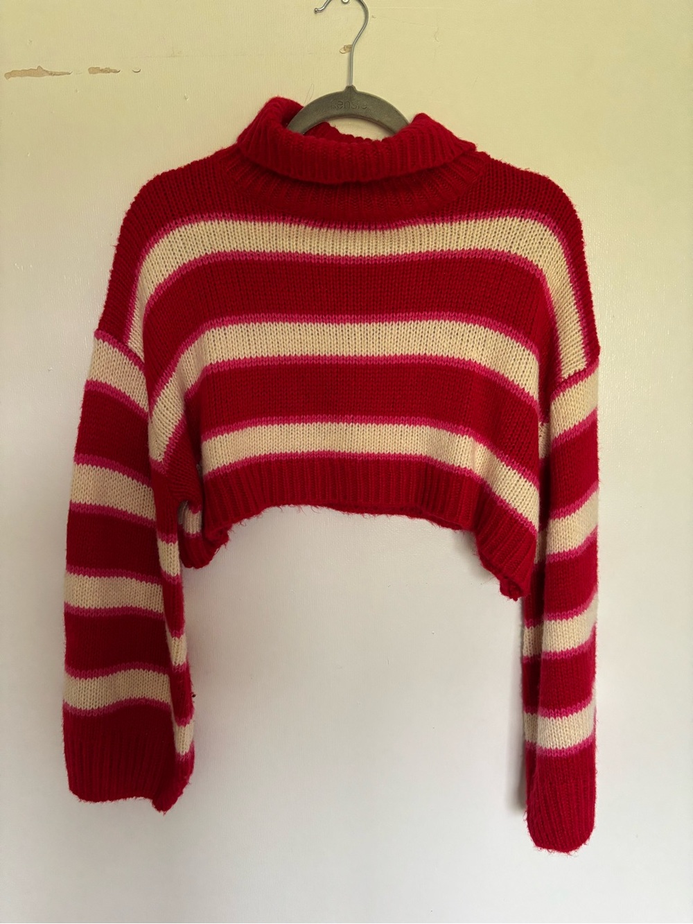 Women’s Red, Cream and Pink Striped Cropped Sweater